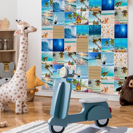 Plaktegels - Zelfklevende Tegels - 15x15 cm - Ulticool - Strand Zee Aquarium Surfplank Hout Schelpen Zand Decoratie - 15 stuks - Decoratie Sticker Tegels - Plakfolie Tegelstickers - Achterwand voor de Muur Badkamer - Keukenwand Keuken - Sticktiles