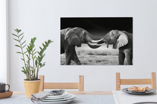 Tableau sur toile - Animaux sauvages - Éléphants - Zwart - Wit - Salon - 90x60 cm - Décoration murale - Décoration de la maison