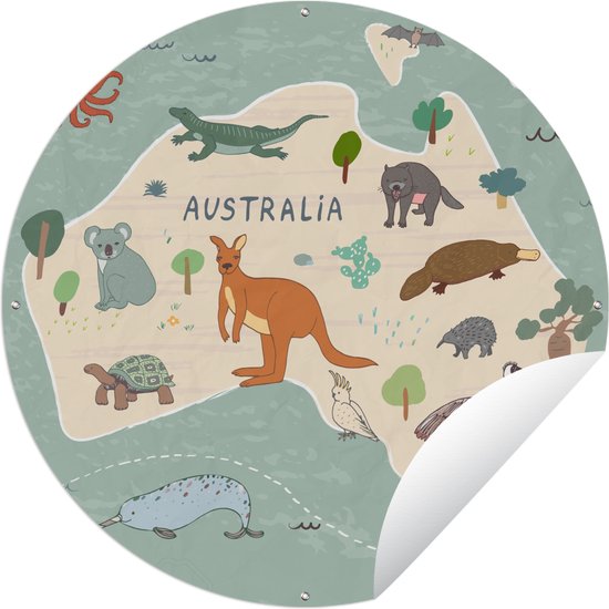 Tuincirkel Wereldkaart kinderen - Dieren - Australië - Jongens - Blauw - Kids - 150x150 cm - Ronde Tuinposter - Buiten