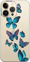 Leuke Telefoonhoesjes - Hoesje geschikt voor iPhone 14 Pro Max - Vlinders blauw - Soft case - TPU - Print / Illustratie - Transparant, Blauw