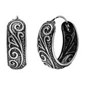Zilveren oorbellen | Oorringen  | Zilveren oorringen, geoxideerde Bali hoops met sierlijke details