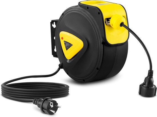 Wiltec automatische kabelhaspel 15 m, automatische kabetrommel 1500-3200 W, haspel voor verlengkabel met 180° muurbeugel, robuuste kabel oproltrommel