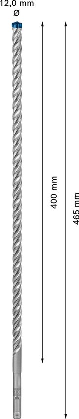 Een 12 mm brede hamerboor met een totale lengte van 465 mm en een werklengte van 400 mm. De boor heeft een blauwe punt.