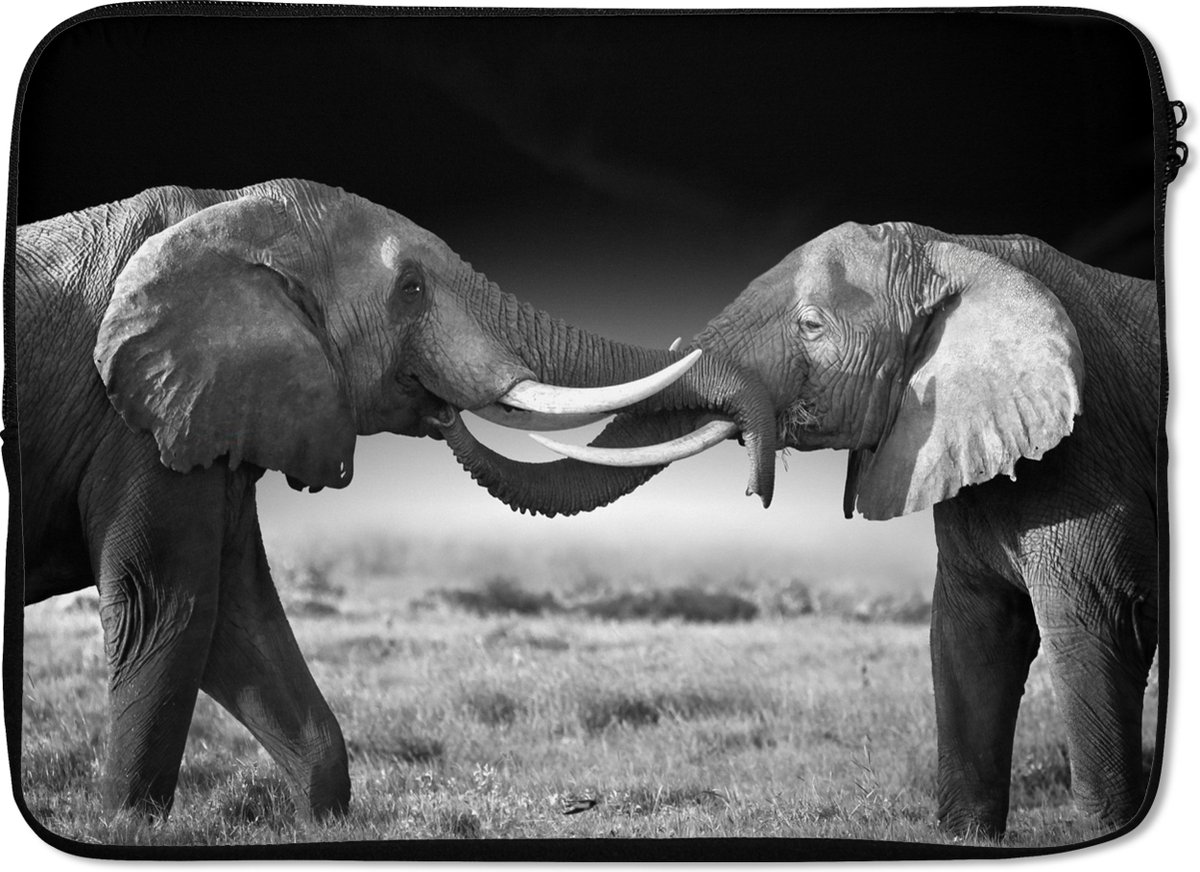 Laptophoes 13 inch - Olifant - Dieren - Zwart wit - Portret - Landschap - Laptop sleeve - Binnenmaat 32x22,5 cm - Zwarte achterkant