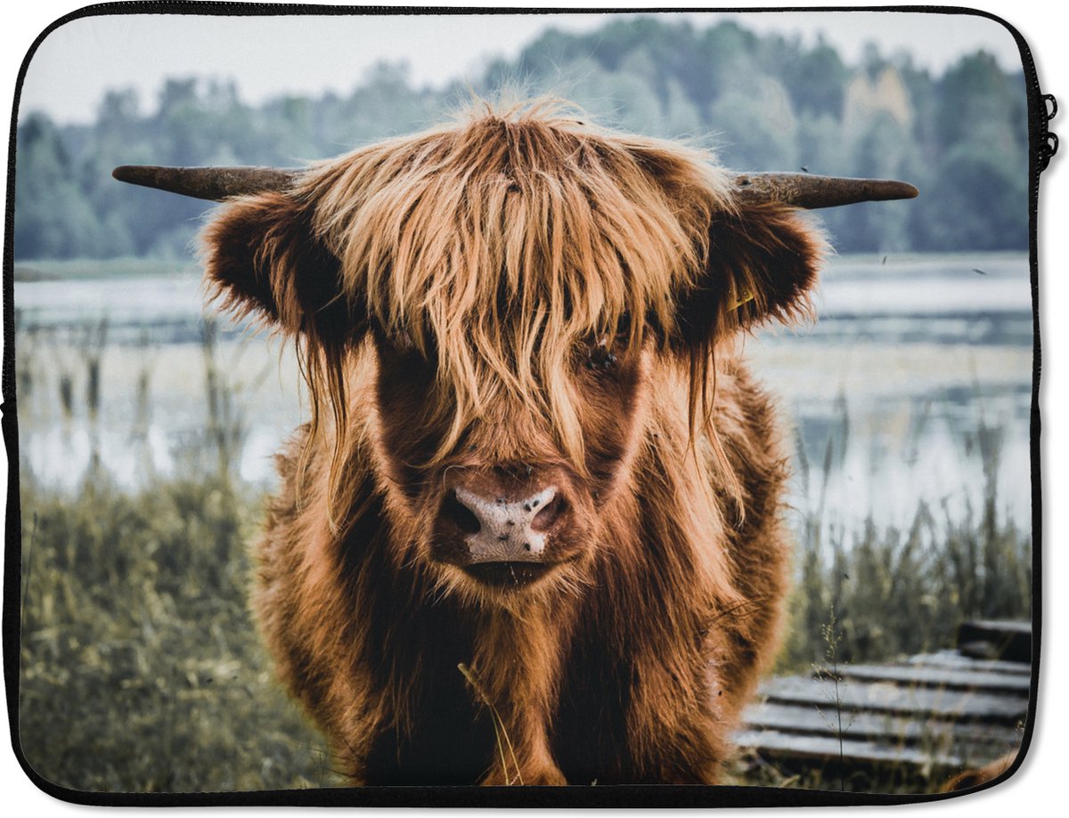 Laptophoes 17 inch - Koeien - Schotse hooglander - Bruin - Natuur - Laptop sleeve - Binnenmaat 41x28 cm - Zwarte achterkant