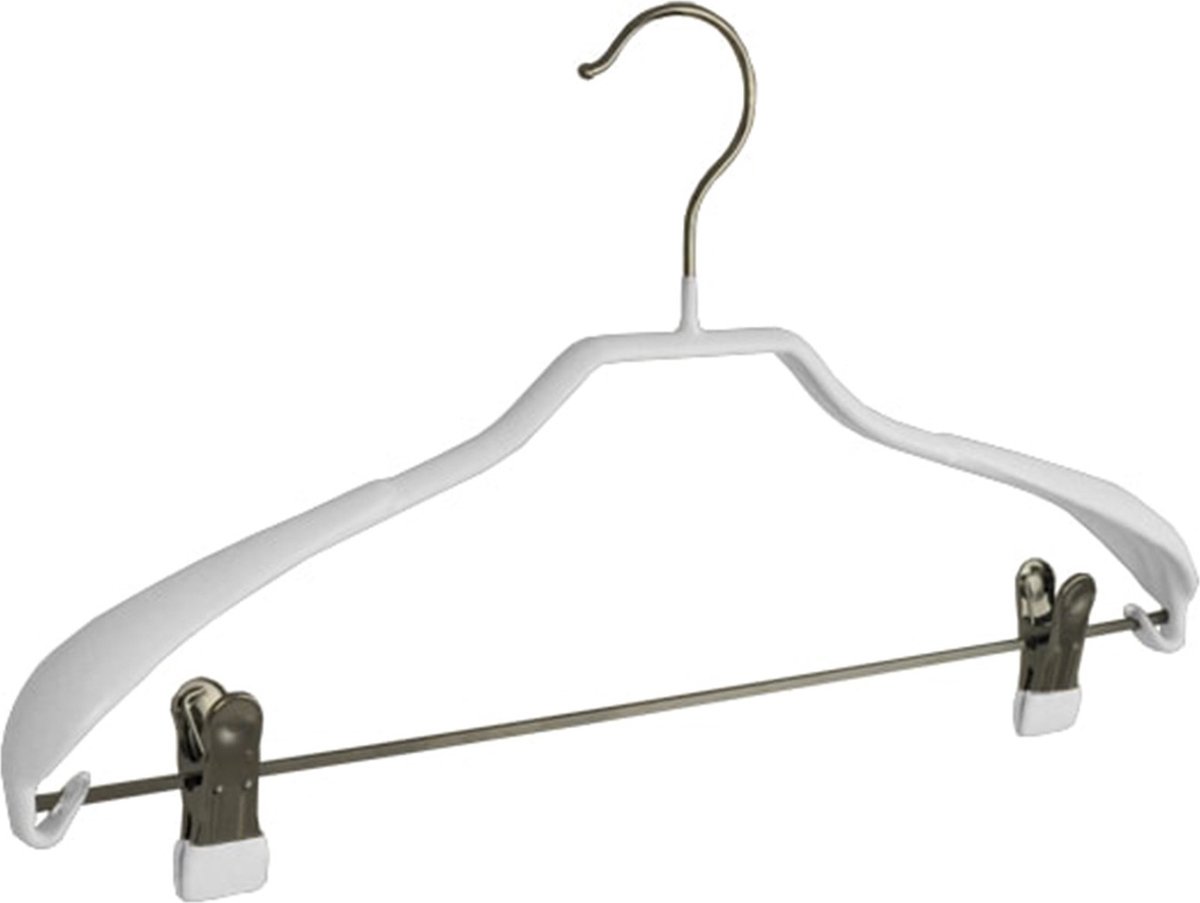 De Kledinghanger Gigant - 5 x Mantelhanger / kostuumhanger metaal met anti-slip knijpers, schouderverbreding en witte anti-slip coating, 40 cm