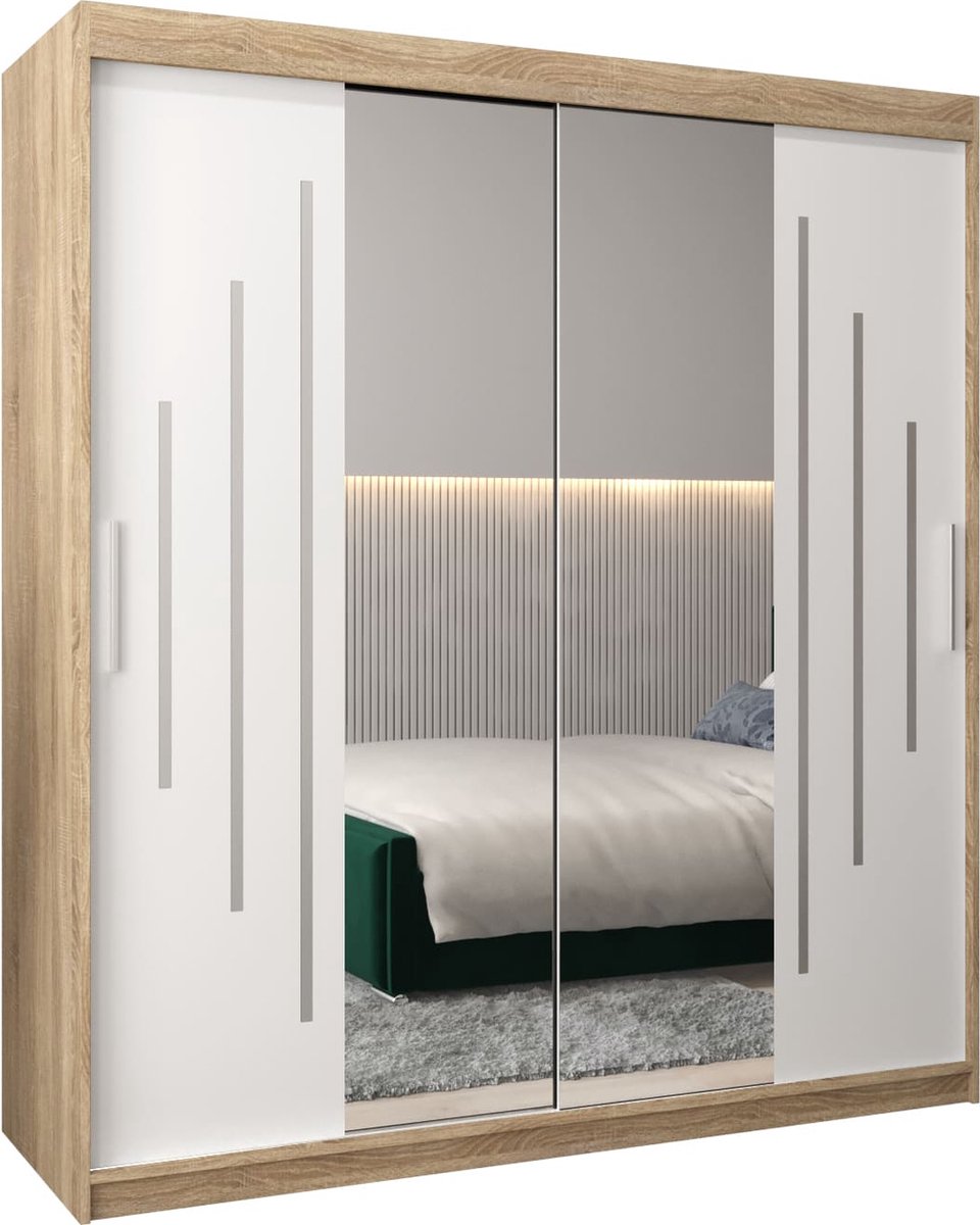 InspireME Kledingkast met 2 schuifdeuren, Modern-stijl, Een kledingkast met planken en een spiegel (BxHxD): 180x200x62 - MALTESE I 180 Sonoma Eik + Wit Mat met 4 lades