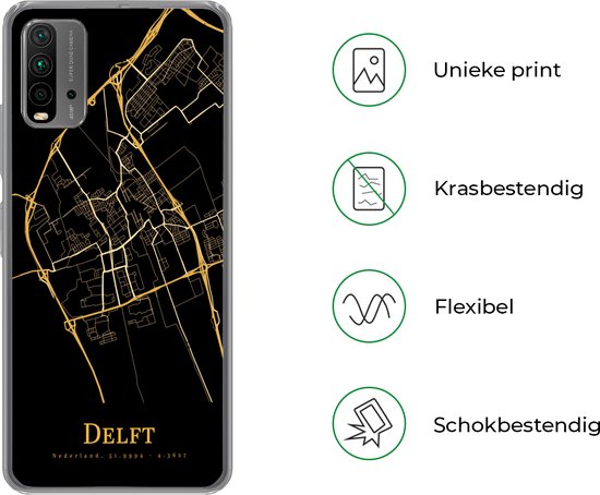 Coque Xiaomi Redmi 9T - Delft - Carte - Or - Coque de téléphone en Siliconen