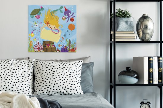 Illustration d'une sirène avec un coffre au trésor 50x50 cm - Tirage photo sur toile (Décoration murale salon / chambre) / Mer et plage
