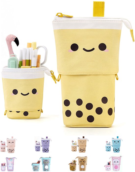 LIXIN Staande Etui - Citroen - Pennenzak voor jongens en meisjes - Canvas - Linnen - School etui - Staande etui voor kinderen en volwassenen - School - Terug naar school - Back to school - Leuke telescopishe pennenhouder - Leuk etui