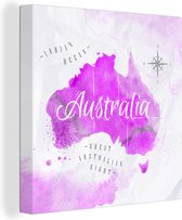 Canvas Wereldkaart - 20x20 - Wanddecoratie Wereldkaart - Australië - Roze