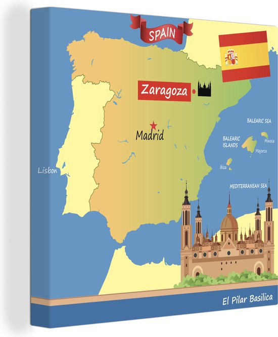 Illustration de la carte de l'Espagne avec Saragosse 50x50 cm - Tirage  photo sur toile... | bol.com