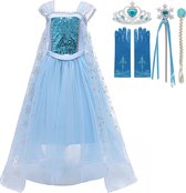 Prinsessenjurk Meisje - Verkleedjurk - maat 104/110 (110) - Tiara - Kroon - Toverstaf - Handschoenen - Juwelen - Verkleedkleren Meisje - Prinsessen Verkleedkleding - Halloween kostuum - Kinderen - Blauw - Het Betere Merk