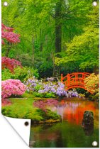 Tuinposter - Tuindoek - Tuinposters buiten - Brug - Japans - Botanisch - Bomen - Bloemen - 80x120 cm - Tuin