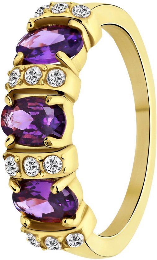 Lucardi Dames vintage ring met paarse zirkonia – Maat 66 – 21mm - Ring - Cadeau - Moederdag - Staal goldplated - Goudkleurig