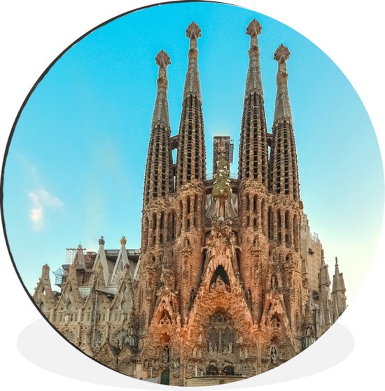 WallCircle - Wandcirkel - Muurcirkel - Sagrada Familia onder een blauwe lucht in Spanje - Aluminium - Dibond - ⌀ 90 cm - Binnen en Buiten