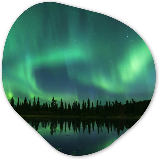 Organische Wanddecoratie - Kunststof Muurdecoratie- Organisch Schilderij - Noorderlicht - Bomen - Water - Alaska- 60x60 cm - Organische spiegel vorm op kunststof