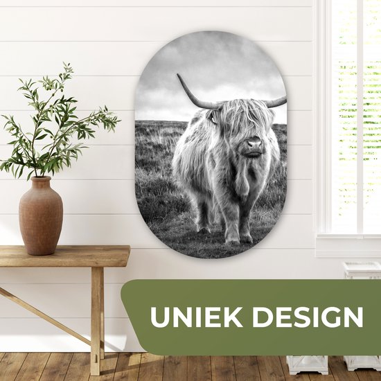 Miroir ovale mural - Décoration murale en plastique - Tableau ovale - Highlander écossais - Animaux - Nuages ​​- Vache - Nature - 60x90 cm - Miroir ovale sur plastique