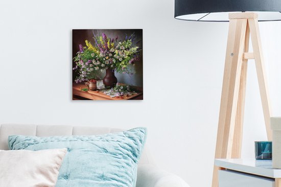 Tableau sur toile Fleurs - Tableau - Nature morte - Bouquet - Vase - 20x20 cm - Décoration murale