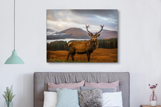 Tableau sur toile - Cerf avec paysage 160x120 - Accessoires de décoration de chambre nature - Peintures animaux de salon - Décoration murale chambre - Décoration murale cuisine - Tissu mural intérieur - Décoration maison - Accessoires de maison