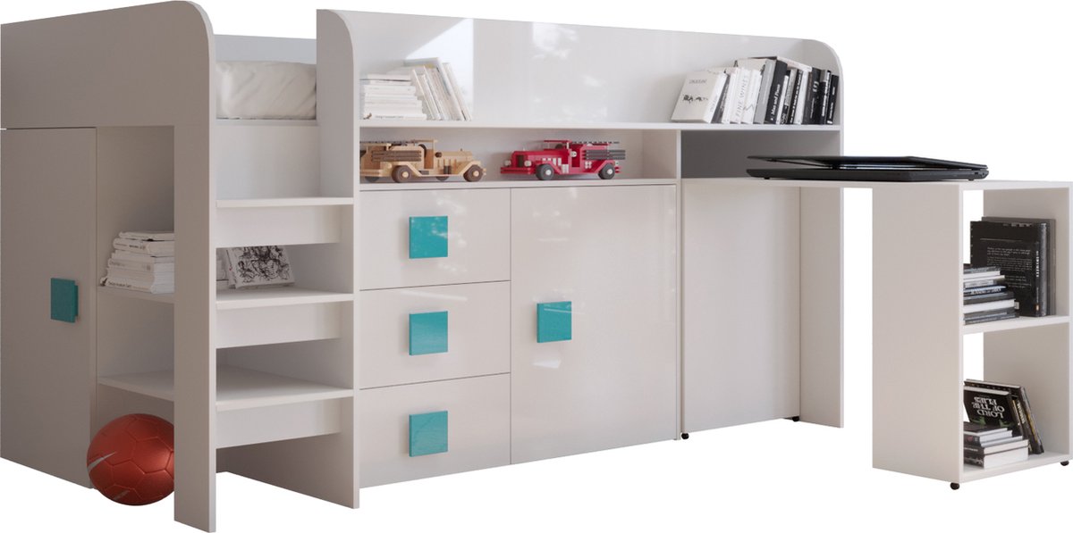 Stapelbed LEDO 1 - Antresola - 90X200 cm - naar de Kinderkamer - Wit + Turkoois handvatten (met Matras)