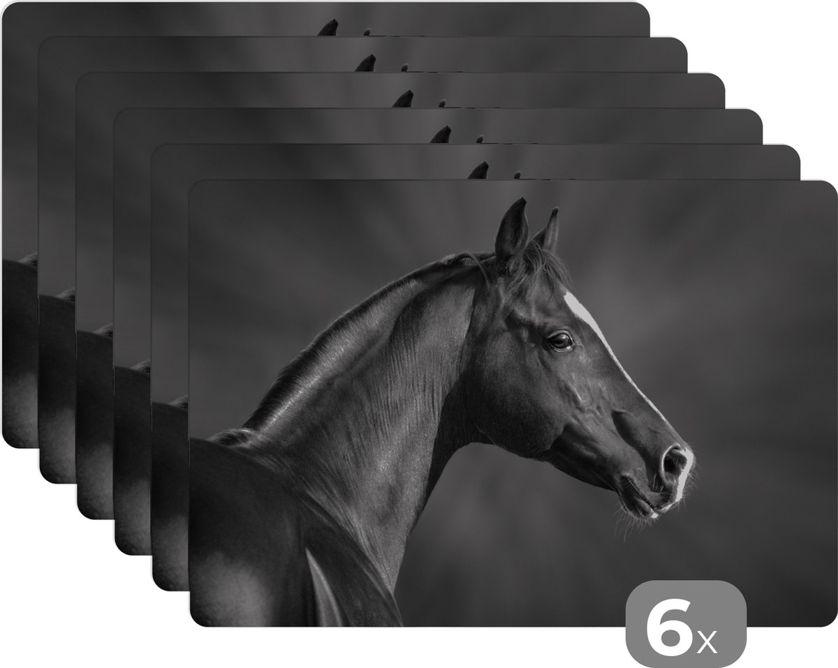 Placemat - Placemats kunststof - 45x30 cm - Paard - Dieren - Zwart - Wit - Portret - 6 stuks - Borden onderleggers antislip - Tafel decoratie - Luxe tafelversiering - Tafelmat vinyl - Bord onderlegger - Tafeldecoratie accessoires
