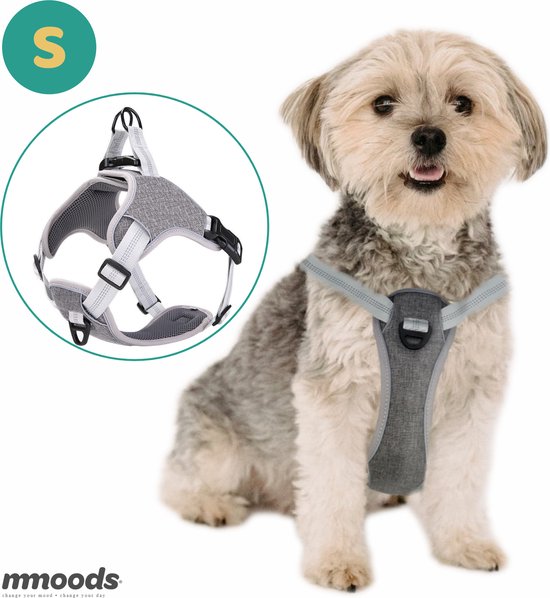 Hondentuigje Grijs - Anti-Trek Tuig voor Puppy's - Hondenharnas voor Kleine Honden - Reflecterende Halsband Hond - Hondenhalsband Maat S