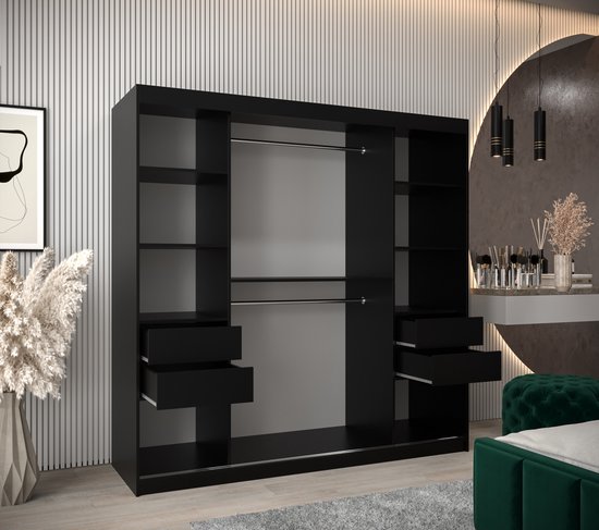 InspireMe - Armoire avec 2 portes coulissantes, Style moderne, Armoire avec étagères (LxHxP): 200x200x62 - TORM 200 Zwart Mat avec 4 tiroirs
