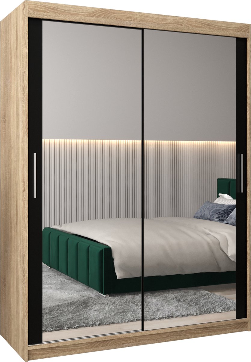 InspireME Kledingkast met 2 schuifdeuren, Modern-stijl, Kledingkast met planken (BxHxD): 150x200x62 - TORM III 150 Sonoma Eik + Zwart Mat met 2 lades