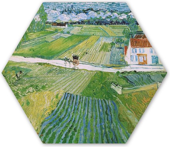 Hexagon wanddecoratie - Kunststof Wanddecoratie - Hexagon Schilderij - Landschap met koets en trein - Vincent van Gogh - 120x103 cm