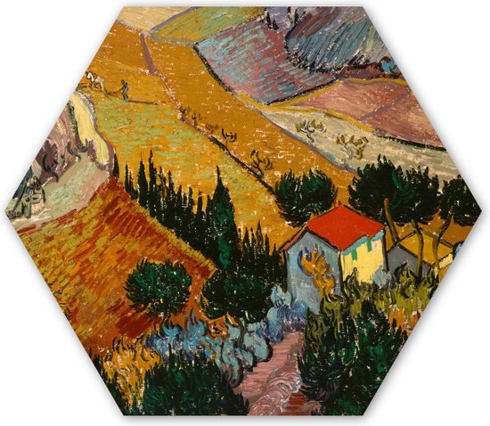 Hexagon wanddecoratie - Kunststof Wanddecoratie - Hexagon Schilderij - Landschap met een huis en een ploeger - Vincent van Gogh - 120x103 cm