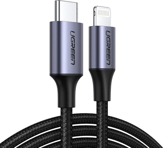 Câble Lightning UGREEN USB C Câble de chargeur en nylon PD certifié MFi pour iPhone 12/12 Mini/12 Pro/12 Pro Max/SE/11/11 Pro/X/XR/ XS MAX/8/8 Plus, etc. (1M, Zwart)