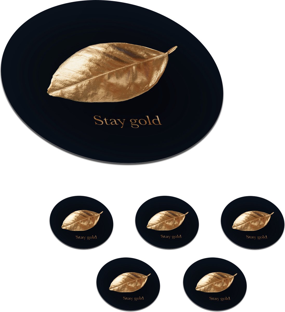 Onderzetters voor glazen - Rond - Blad - Gold - Quotes - 10x10 cm - Glasonderzetters - 6 stuks