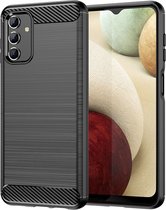 Samsung Galaxy A04s Hoesje - MobyDefend TPU Gelcase - Geborsteld Metaal + Carbonlook - Zwart - GSM Hoesje - Telefoonhoesje Geschikt Voor Samsung Galaxy A04s