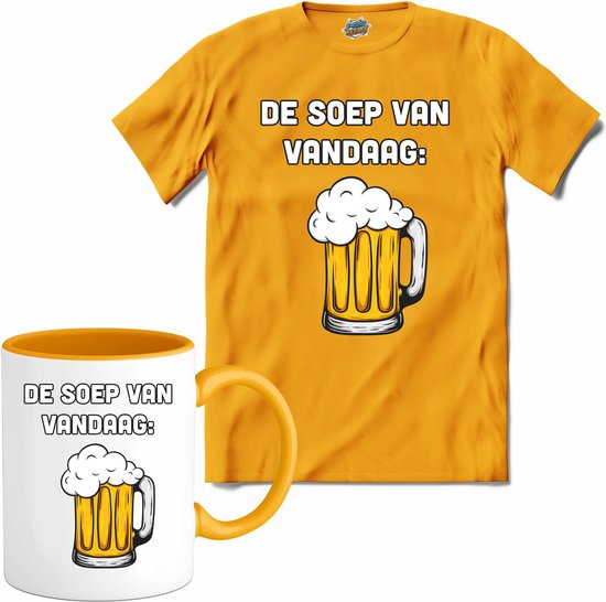 De soep van vandaag - Bier kleding cadeau - bierpakket kado idee - grappige bierglazen drank feest teksten en zinnen - T-Shirt met mok - Heren - Geel - Maat 3XL