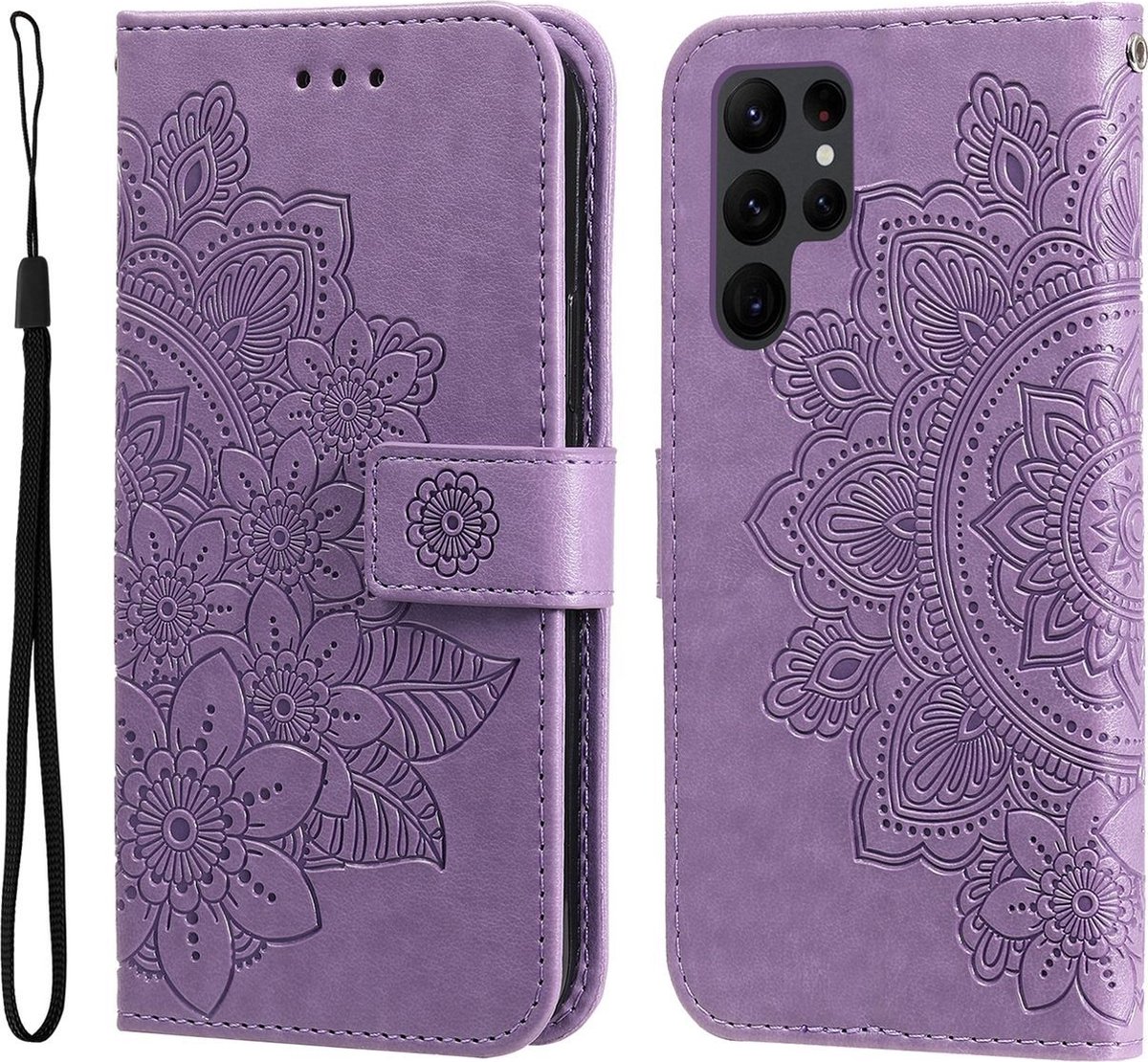 Mobigear Telefoonhoesje geschikt voor Samsung Galaxy S23 Ultra Hoesje | Mobigear Flowers Bookcase Portemonnee | Pasjeshouder voor 2 Pasjes | Telefoonhoesje voor Pinpas / OV Kaart / Rijbewijs - Paars
