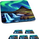 Sous-verres pour verres - Aurores boréales - Ciel étoilé - Islande - Berg - Vert - Cascade - Lac - 10x10 cm - Sous-verres en verre - 6 pièces