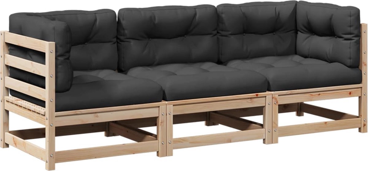 The Living Store 3-delige Loungeset met kussens massief grenenhout - Loungebank - Tuinset - Tuinmeubels - Buitentijnen - Houten Bank