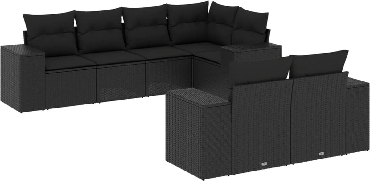 The Living Store 7-delige Loungeset met kussens poly rattan zwart - Loungebank - Tuinset - Lounge Set - Buitendecoratie - Outdoor Furniture