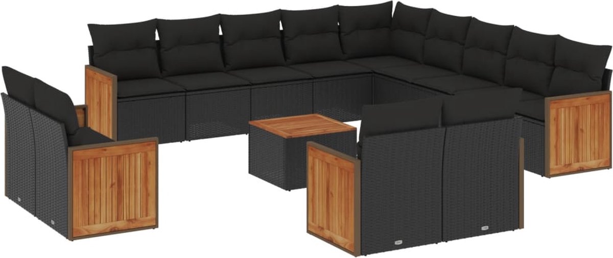 The Living Store 14-delige Loungeset met kussens poly rattan zwart - Loungebank - Lounge Set - Tuinbank - Buitentijm - Tuinmeubelen