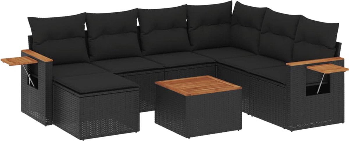 The Living Store 8-delige Loungeset met kussens poly rattan zwart - Loungeset - Tuinmeubels - Lounge Set - PE-rattan - Zwarte Tuinstoel