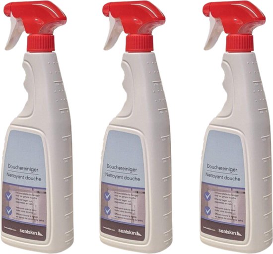 Drie witte spuitflessen met rode spuitkoppen, met label 'Douchereiniger Nettoyant douche'.