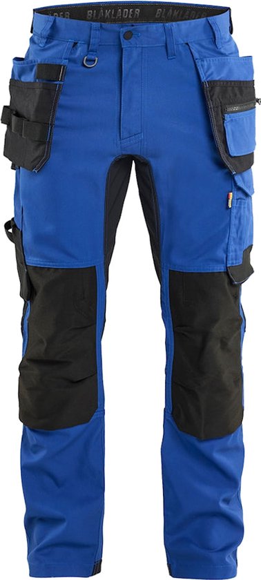 Pantalon de travail bleu vif avec genouillères noires et nombreuses poches.