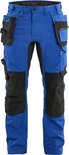 Pantalon de travail bleu vif avec genouillères noires et nombreuses poches.