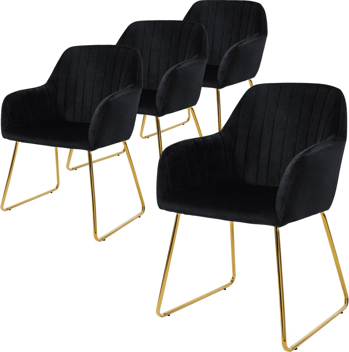 ml-design eetkamerstoelen set van 4, fluwelen zitting, zwart, woonkamerstoel met rugleuning en armleuningen, keukenstoel met gouden poten, gestoffeerde stoel met metalen frame, ergonomische armstoel