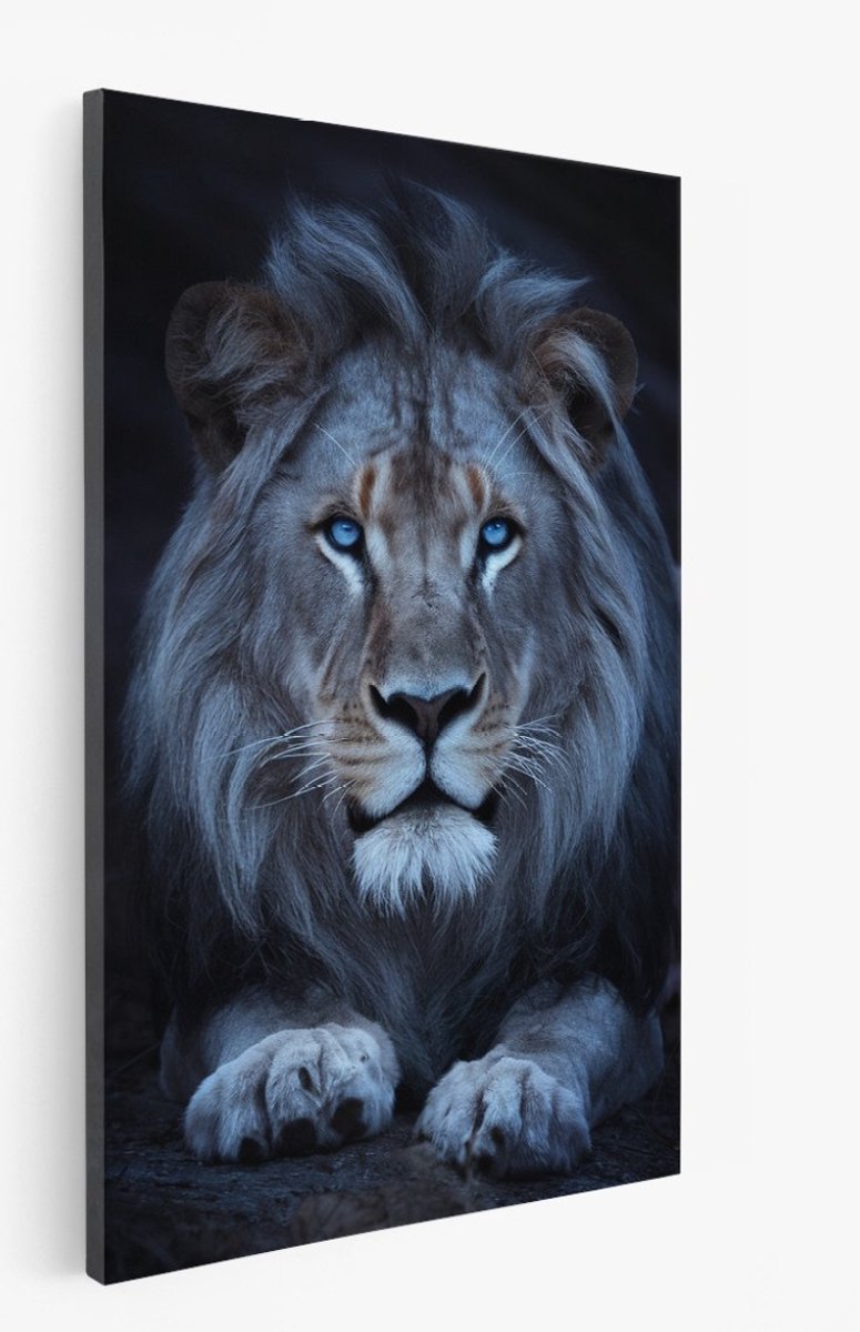 Saammp Canvas Schilderij - Leeuw met blauwe ogen - Dieren - 40x60 - Foto op canvas - Wanddecoratie - Muurdecoratie Woonkamer - Slaapkamer decoratie - Canvas Print Multicolor