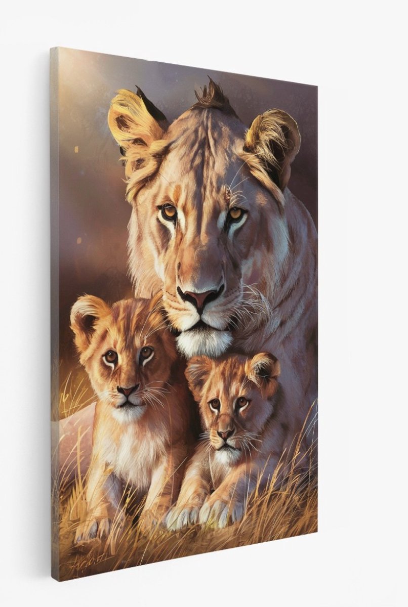 Saammp Canvas Schilderij - Leeuwin met 2 welpen - Abstract - Dieren - 40x60 - Foto op canvas - Wanddecoratie - Muurdecoratie Woonkamer - Slaapkamer decoratie - Canvas Print Multicolor