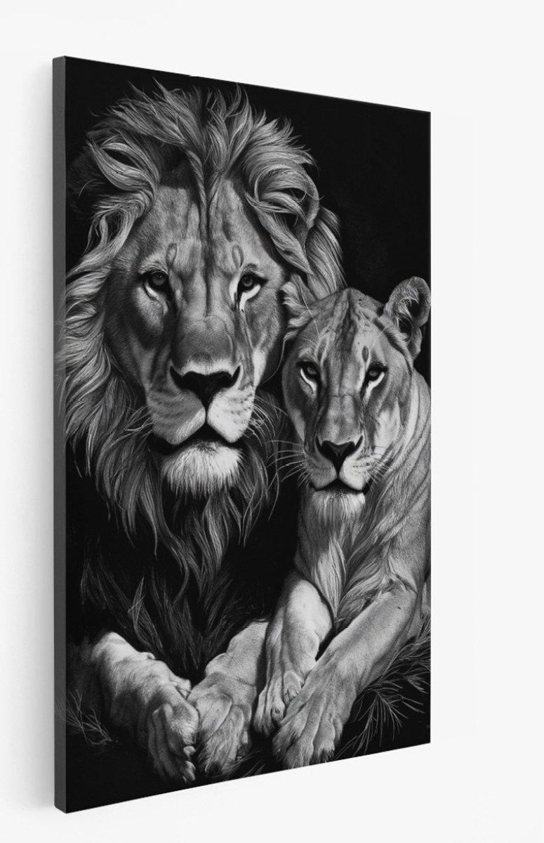 Saammp Canvas Schilderij - 2 Leeuwen - Leeuwin - Natuur - Dieren - 40x50 - Foto op canvas - Wanddecoratie - Muurdecoratie Woonkamer - Slaapkamer decoratie - Canvas Print Multicolor