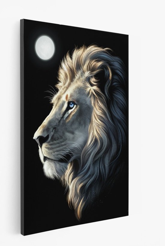 Saammp Canvas Schilderij - Leeuw - Maan - Dieren - 75x100 - Natuur - Foto op canvas - Wanddecoratie - Muurdecoratie Woonkamer - Slaapkamer decoratie - Canvas Print