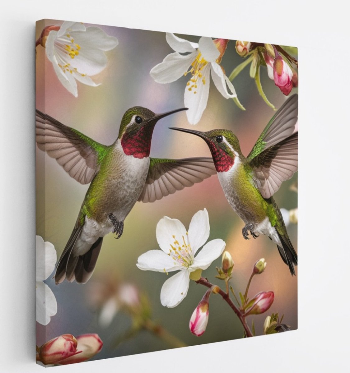 Saammp Canvas Schilderij - 2 Kolibries tussen de witte bloemen - Dieren - Bloemen - 100x100 - Foto op canvas - Wanddecoratie - muurdecoratie Woonkamer - Slaapkamer decoratie - Canvas Print Multicolor